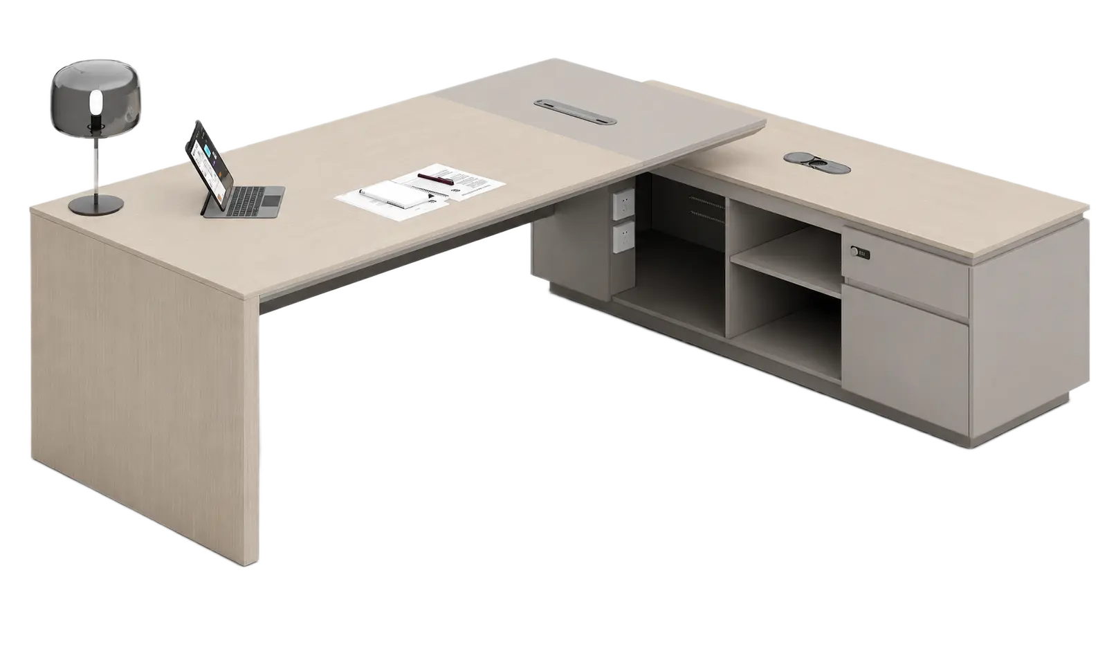 Lucira 8.5 Feet Office Desk In White Oak & Seagull Gray 1