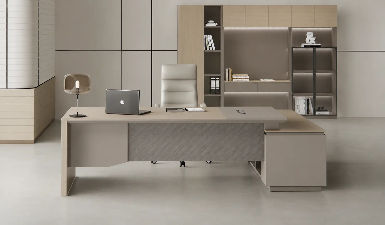 Lucira 8.5 Feet Office Desk In White Oak & Seagull Gray