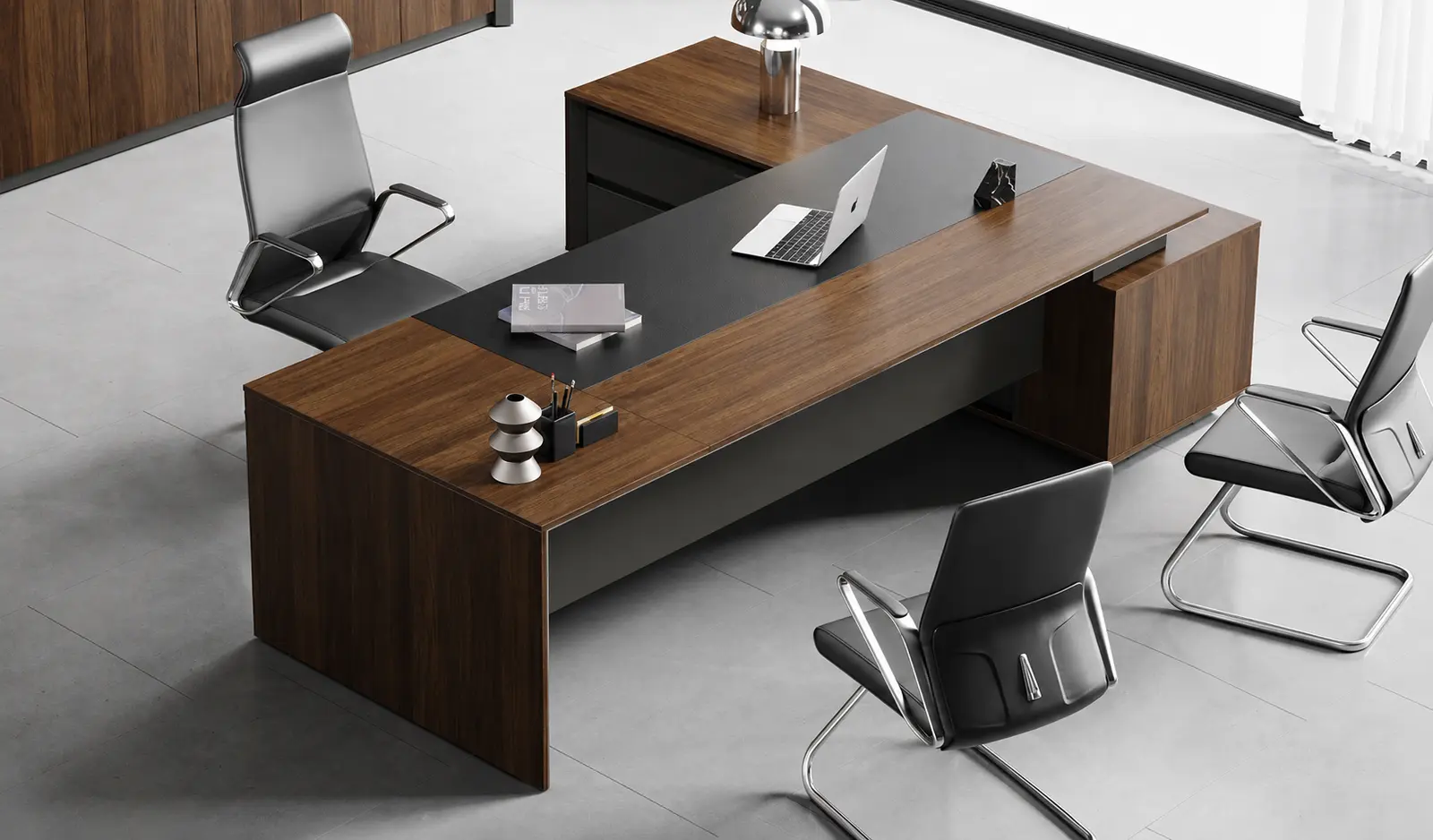 Maxima 10 Feet Office Desk In Felix Walnut & Leather Finish