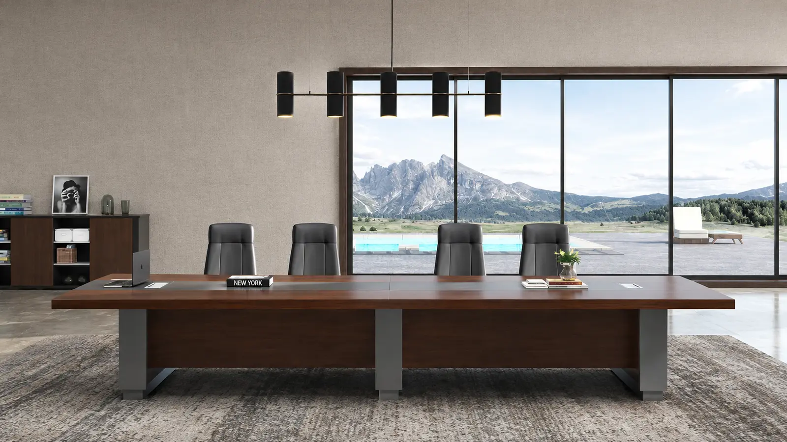 'Larry' 16 Feet Meeting Table In Mountain Grain Walnut Veneer & Leather