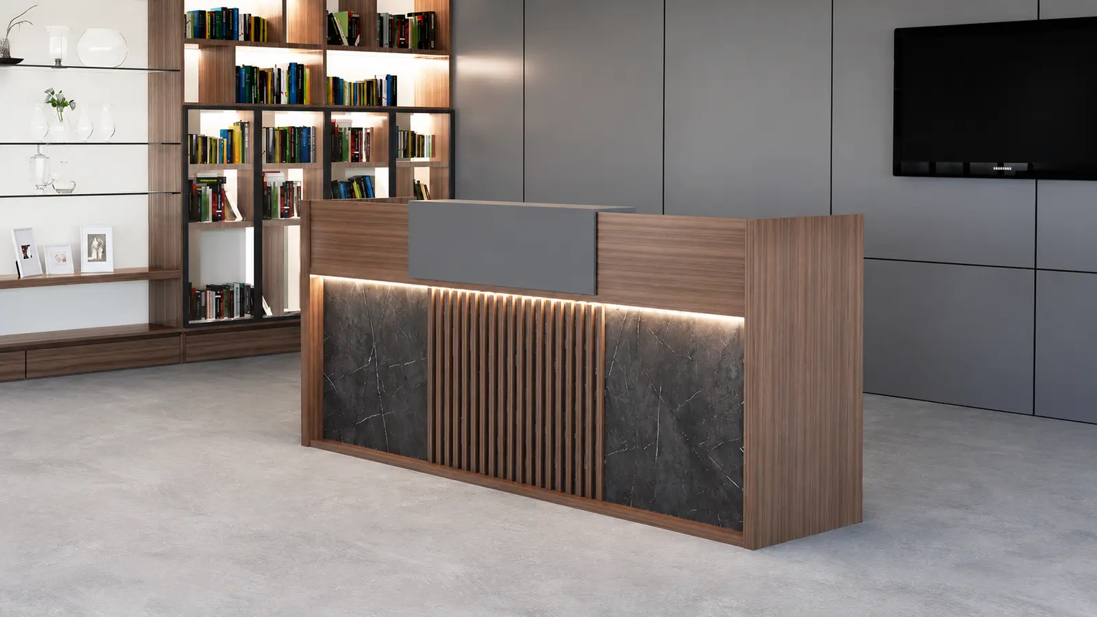 'Nexa' 8 Feet Reception Desk In Pari Walnut And Advanced Gray
